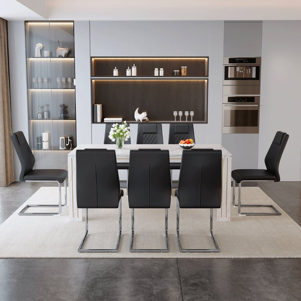 English Elm Table and Chair Set Walnut Grain Top with 8 Black Pu Seats for Modern Dining Black + Silver / White W1151S04819