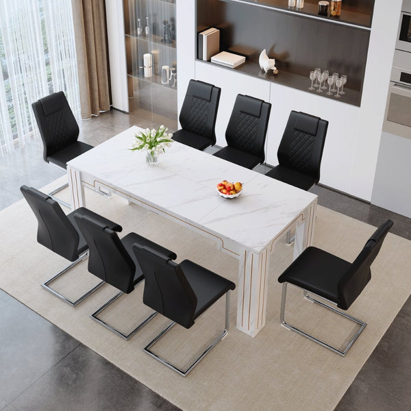 English Elm Table and Chair Set Walnut Grain Top with 8 Black Pu Seats for Modern Dining Black + Silver / White W1151S04819