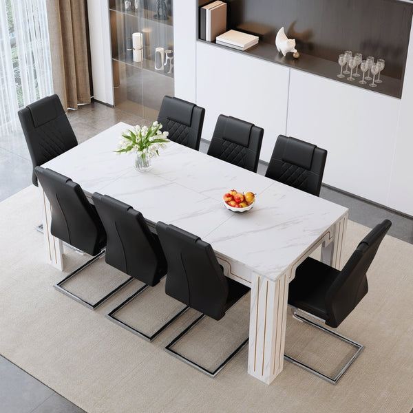 English Elm Table and Chair Set Walnut Grain Top with 8 Black Pu Seats for Modern Dining Black + Silver / White W1151S04819