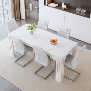 English Elm Table and Chair Set Marble Patterned Mdf Top with Six Pu Leather Seats for Dining White W1151S04820
