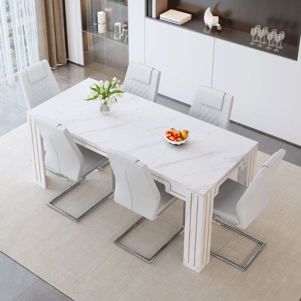English Elm Table and Chair Set Marble Patterned Mdf Top with Six Pu Leather Seats for Dining White W1151S04820