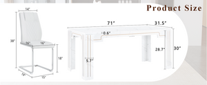 English Elm Table and Chair Set Marble Patterned Mdf Top with Six Pu Leather Seats for Dining White W1151S04820