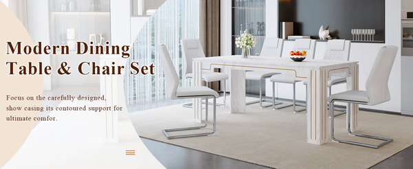 English Elm Table and Chair Set Marble Patterned Mdf Top with Six Pu Leather Seats for Dining White W1151S04820
