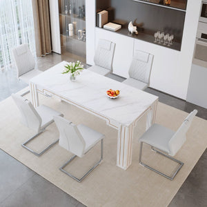 English Elm Table and Chair Set Marble Patterned Mdf Top with Six Pu Leather Seats for Dining White W1151S04820