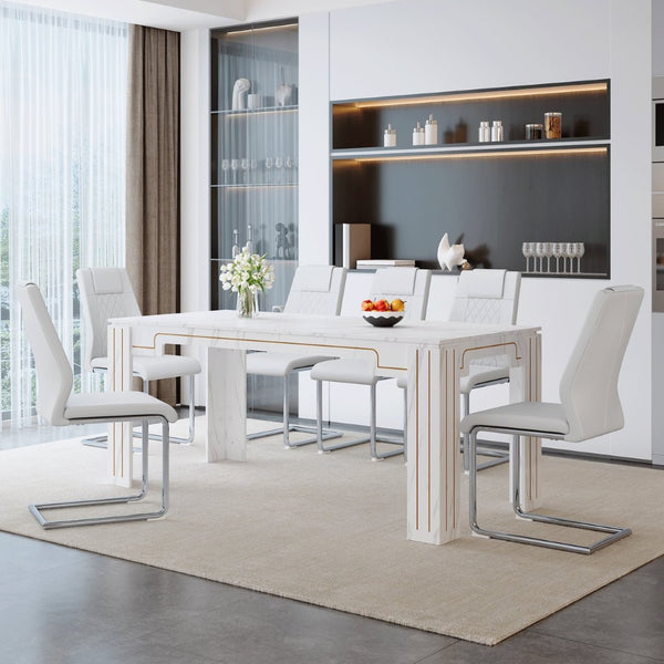 English Elm Table and Chair Set Marble Patterned Mdf Top with Six Pu Leather Seats for Dining White W1151S04820