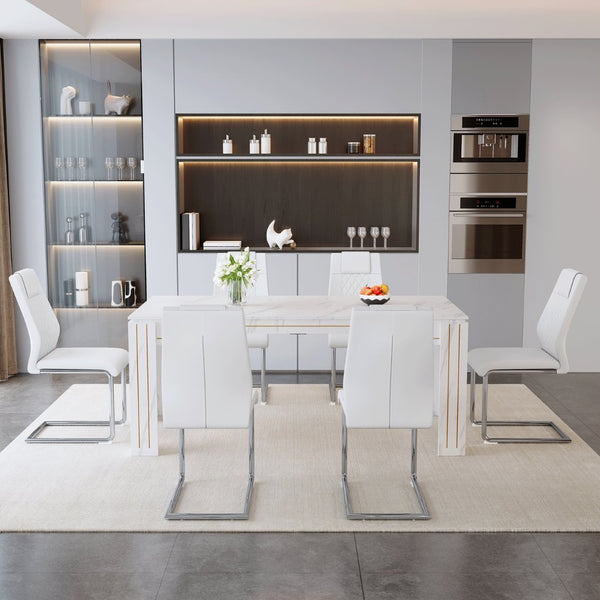 English Elm Table and Chair Set Marble Patterned Mdf Top with Six Pu Leather Seats for Dining White W1151S04820