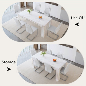 English Elm Table and Chair Set Marble Patterned Mdf Top with Six Pu Leather Seats for Dining White W1151S04820