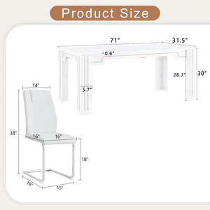 English Elm Table and Chair Set Marble Patterned Mdf Top with Six Pu Leather Seats for Dining White W1151S04820