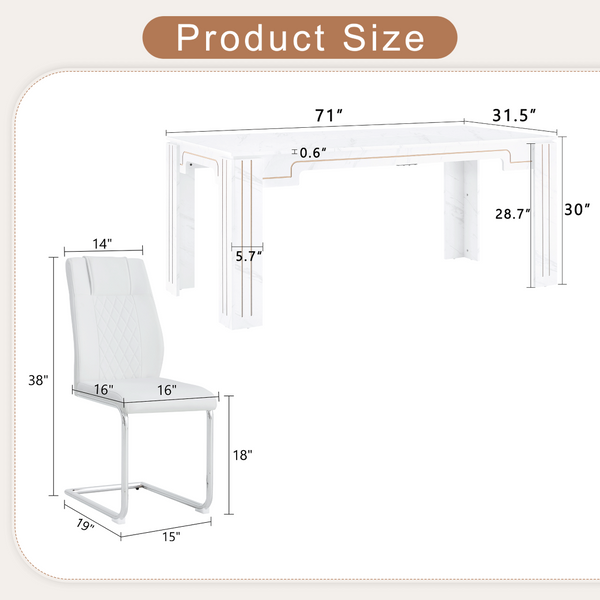 English Elm Table and Chair Set Marble Patterned Mdf Top with Six Pu Leather Seats for Dining White W1151S04820