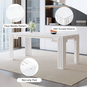 English Elm Table and Chair Set Marble Patterned Mdf Top with Six Pu Leather Seats for Dining White W1151S04820