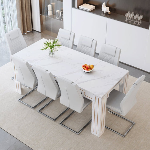 English Elm Table and Chair Set Nine Piece Marble Pattern Mdf Top with Eight Pu Leather Seats White W1151S04821