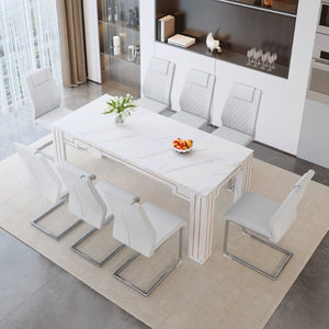 English Elm Table and Chair Set Nine Piece Marble Pattern Mdf Top with Eight Pu Leather Seats White W1151S04821