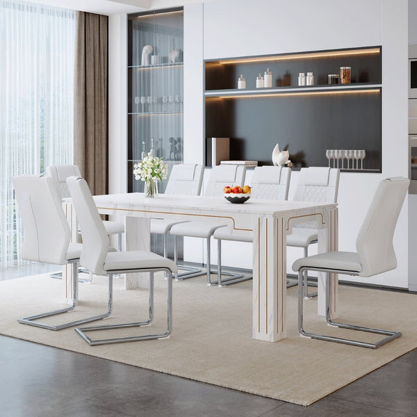 English Elm Table and Chair Set Nine Piece Marble Pattern Mdf Top with Eight Pu Leather Seats White W1151S04821
