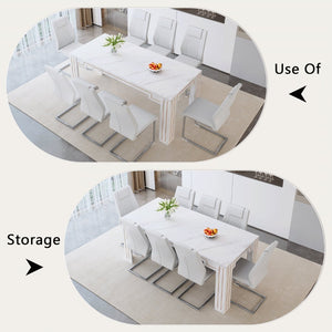 English Elm Table and Chair Set Nine Piece Marble Pattern Mdf Top with Eight Pu Leather Seats White W1151S04821