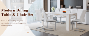 English Elm Table and Chair Set Nine Piece Marble Pattern Mdf Top with Eight Pu Leather Seats White W1151S04821