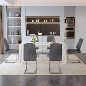 English Elm Table and Chair Set Marble Patterned Mdf Top with Six Pu Leather Seats for Dining Dark Gray W1151S04822