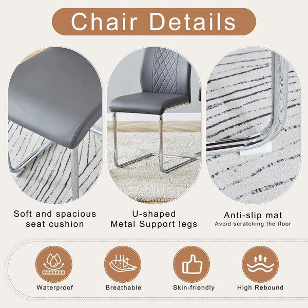 English Elm Table and Chair Set Marble Patterned Mdf Top with Six Pu Leather Seats for Dining Dark Gray W1151S04822