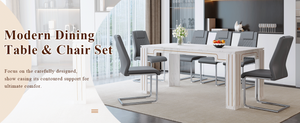 English Elm Table and Chair Set Marble Patterned Mdf Top with Six Pu Leather Seats for Dining Dark Gray W1151S04822