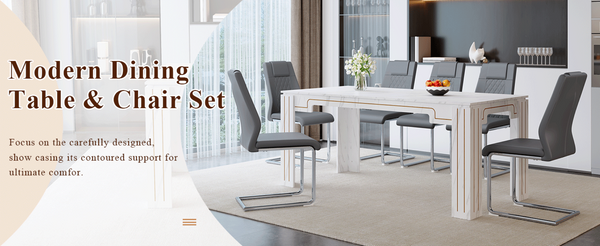 English Elm Table and Chair Set Marble Patterned Mdf Top with Six Pu Leather Seats for Dining Dark Gray W1151S04822
