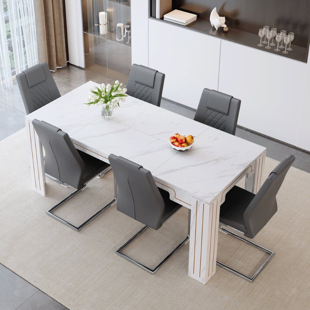 English Elm Table and Chair Set Marble Patterned Mdf Top with Six Pu Leather Seats for Dining Dark Gray W1151S04822