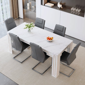 English Elm Table and Chair Set Marble Patterned Mdf Top with Six Pu Leather Seats for Dining Dark Gray W1151S04822