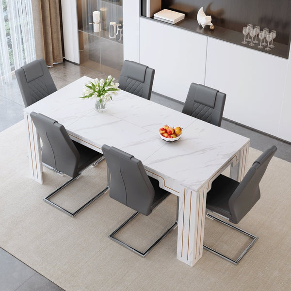 English Elm Table and Chair Set Marble Patterned Mdf Top with Six Pu Leather Seats for Dining Dark Gray W1151S04822