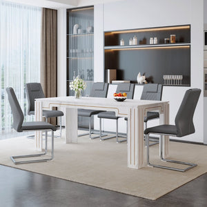 English Elm Table and Chair Set Marble Patterned Mdf Top with Six Pu Leather Seats for Dining Dark Gray W1151S04822