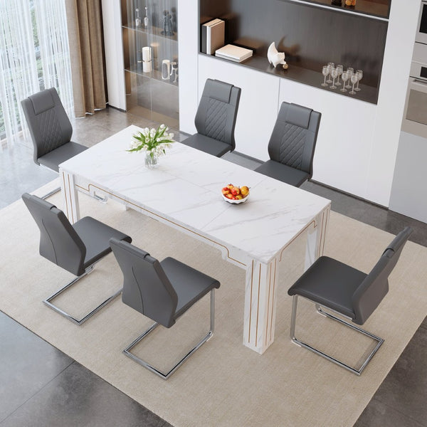 English Elm Table and Chair Set Marble Patterned Mdf Top with Six Pu Leather Seats for Dining Dark Gray W1151S04822