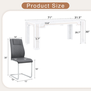 English Elm Table and Chair Set Marble Patterned Mdf Top with Six Pu Leather Seats for Dining Dark Gray W1151S04822