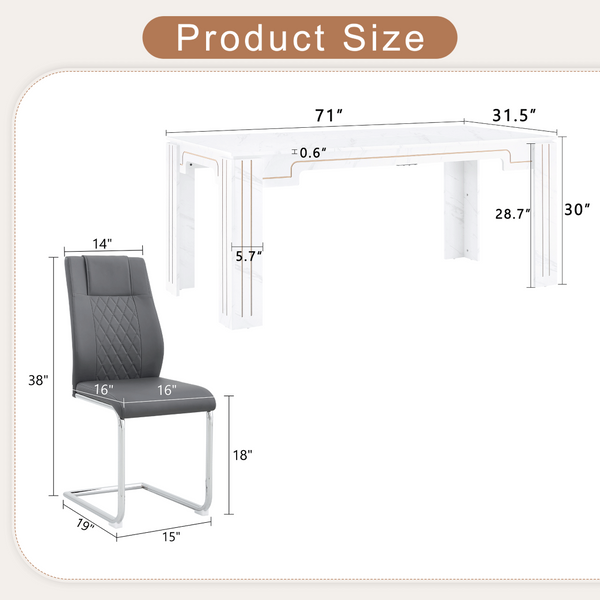 English Elm Table and Chair Set Marble Patterned Mdf Top with Six Pu Leather Seats for Dining Dark Gray W1151S04822