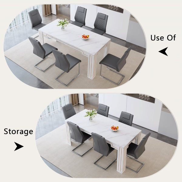 English Elm Table and Chair Set Marble Patterned Mdf Top with Six Pu Leather Seats for Dining Dark Gray W1151S04822