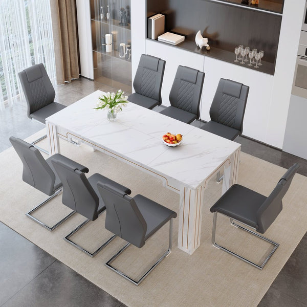 English Elm Table and Chair Set Walnut Grain Top with 8 Black Pu Seats for Modern Dining Dark Gray / Silver / White W1151S04823