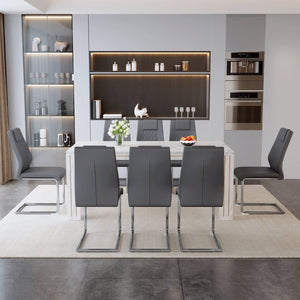 English Elm Table and Chair Set Walnut Grain Top with 8 Black Pu Seats for Modern Dining Dark Gray / Silver / White W1151S04823