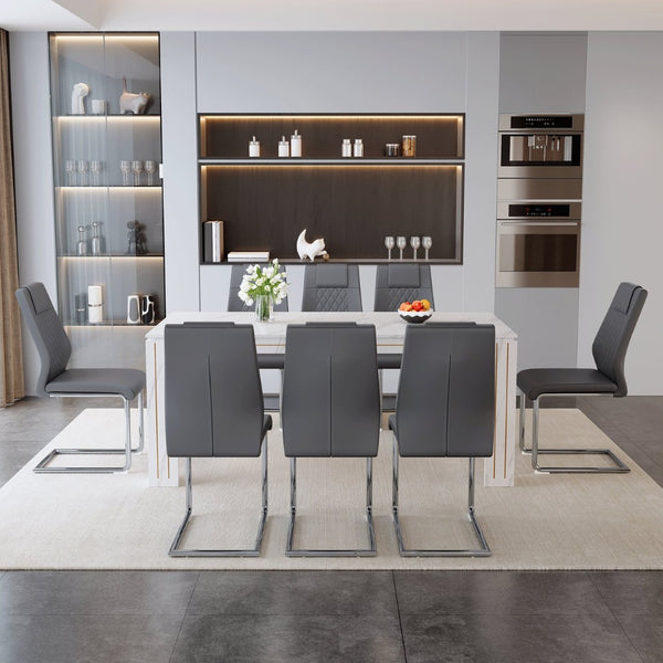 English Elm Table and Chair Set Walnut Grain Top with 8 Black Pu Seats for Modern Dining Dark Gray / Silver / White W1151S04823