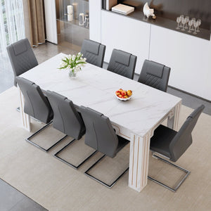 English Elm Table and Chair Set Walnut Grain Top with 8 Black Pu Seats for Modern Dining Dark Gray / Silver / White W1151S04823