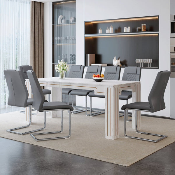 English Elm Table and Chair Set Walnut Grain Top with 8 Black Pu Seats for Modern Dining Dark Gray / Silver / White W1151S04823