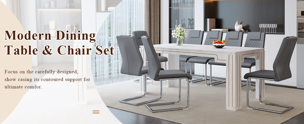 English Elm Table and Chair Set Walnut Grain Top with 8 Black Pu Seats for Modern Dining Dark Gray / Silver / White W1151S04823