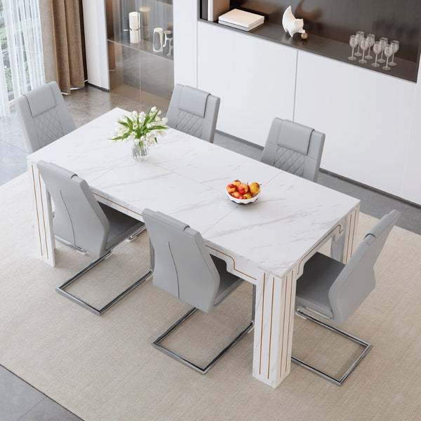 English Elm Table and Chair Set Marble Patterned Mdf Top with Six Pu Leather Seats for Dining Light Gray W1151S04824