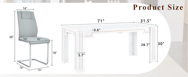 English Elm Table and Chair Set Marble Patterned Mdf Top with Six Pu Leather Seats for Dining Light Gray W1151S04824
