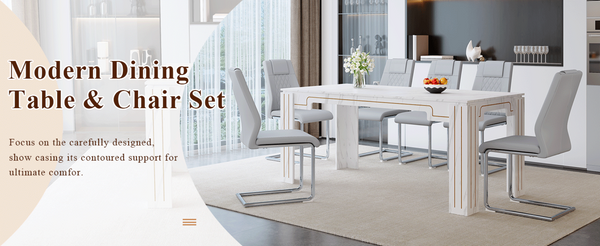 English Elm Table and Chair Set Marble Patterned Mdf Top with Six Pu Leather Seats for Dining Light Gray W1151S04824