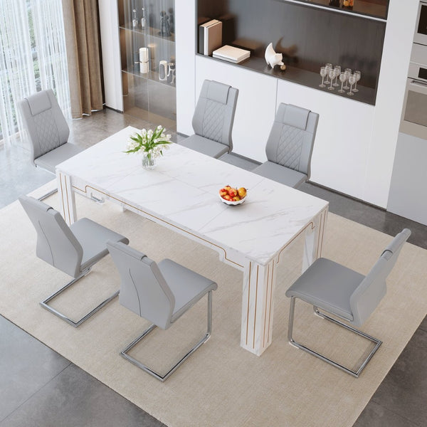 English Elm Table and Chair Set Marble Patterned Mdf Top with Six Pu Leather Seats for Dining Light Gray W1151S04824