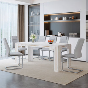 English Elm Table and Chair Set Marble Patterned Mdf Top with Six Pu Leather Seats for Dining Light Gray W1151S04824
