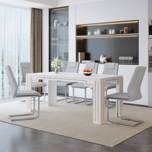 English Elm Table and Chair Set Marble Patterned Mdf Top with Six Pu Leather Seats for Dining Light Gray W1151S04824