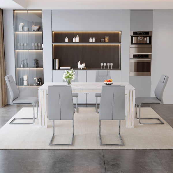 English Elm Table and Chair Set Marble Patterned Mdf Top with Six Pu Leather Seats for Dining Light Gray W1151S04824