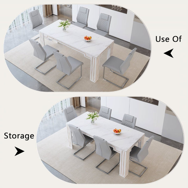 English Elm Table and Chair Set Marble Patterned Mdf Top with Six Pu Leather Seats for Dining Light Gray W1151S04824