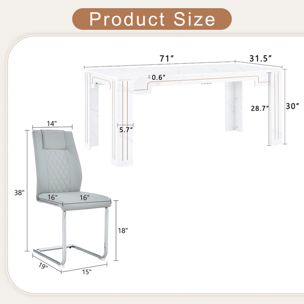 English Elm Table and Chair Set Marble Patterned Mdf Top with Six Pu Leather Seats for Dining Light Gray W1151S04824