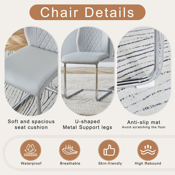 English Elm Table and Chair Set Marble Patterned Mdf Top with Six Pu Leather Seats for Dining Light Gray W1151S04824