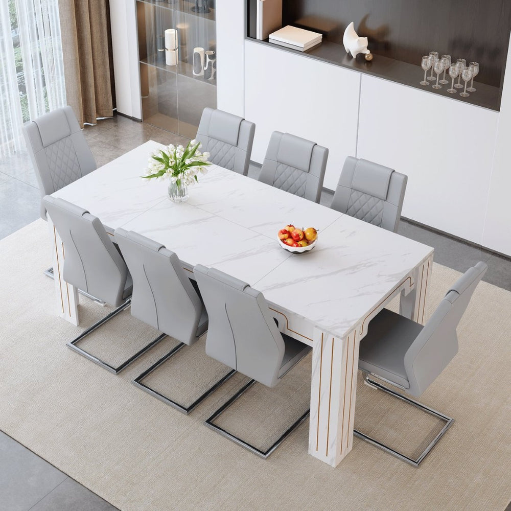 English Elm Table and Chair Set Nine Piece Marble Pattern Mdf Top with Eight Pu Leather Seats Light Gray W1151S04825