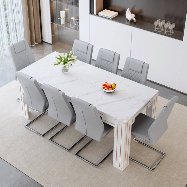 English Elm Table and Chair Set Nine Piece Marble Pattern Mdf Top with Eight Pu Leather Seats Light Gray W1151S04825