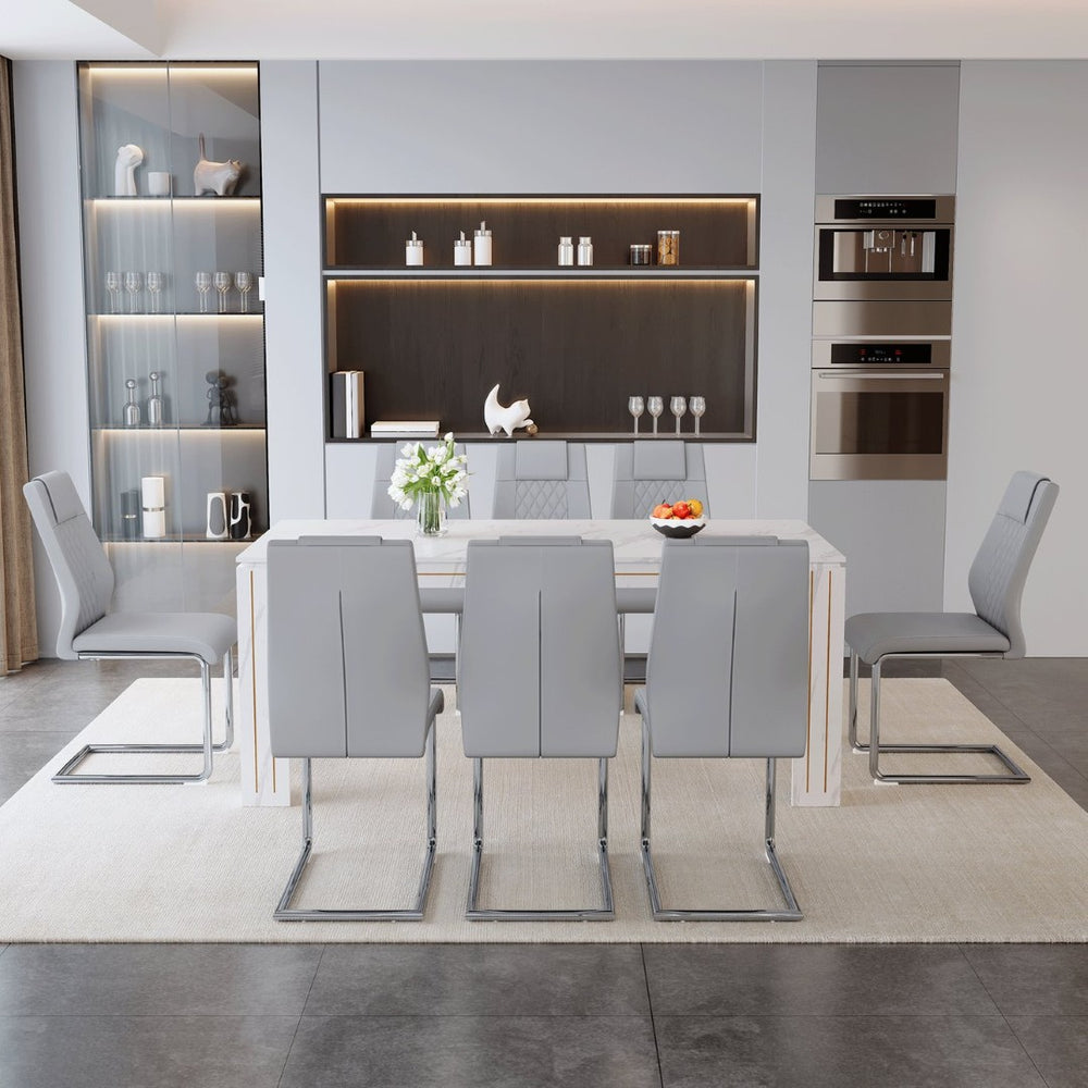 English Elm Table and Chair Set Nine Piece Marble Pattern Mdf Top with Eight Pu Leather Seats Light Gray W1151S04825